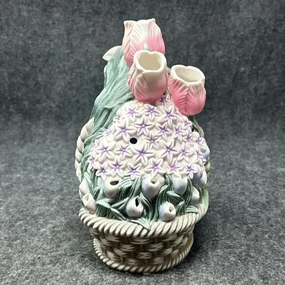 PartyLite Floral Spring Basket Tealight Candle Holder Ceramic Flowers RETIRED - Picture 9 of 10